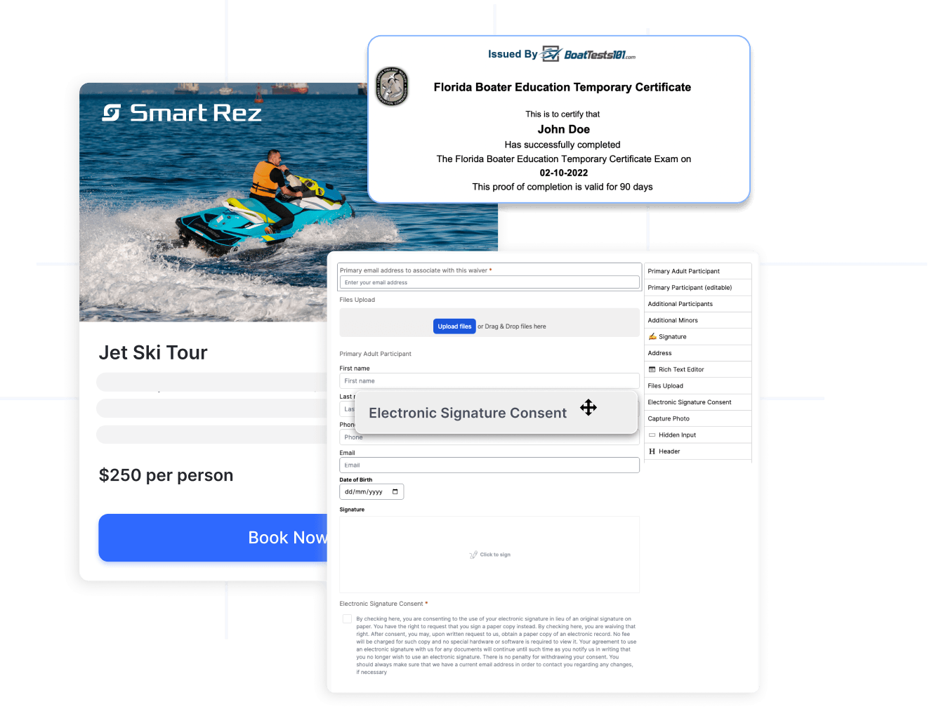 Boater education certificate attached to a jet ski booking