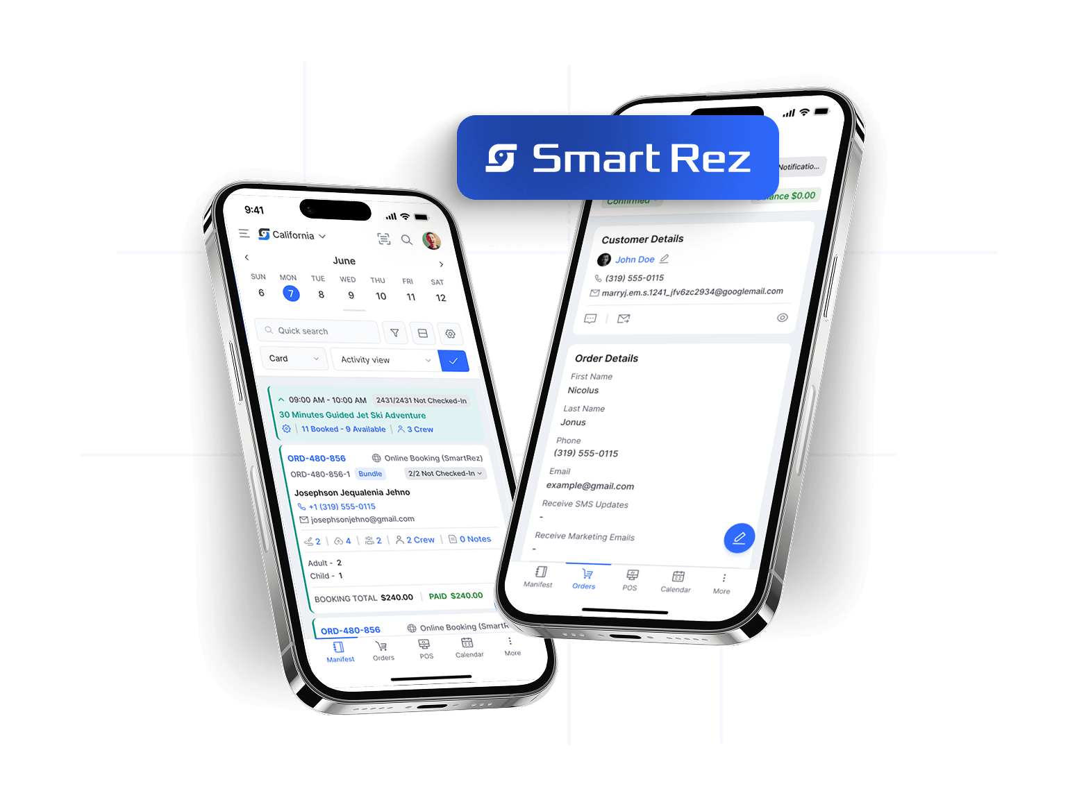 SmartRez mobile app showing bookings on a phone