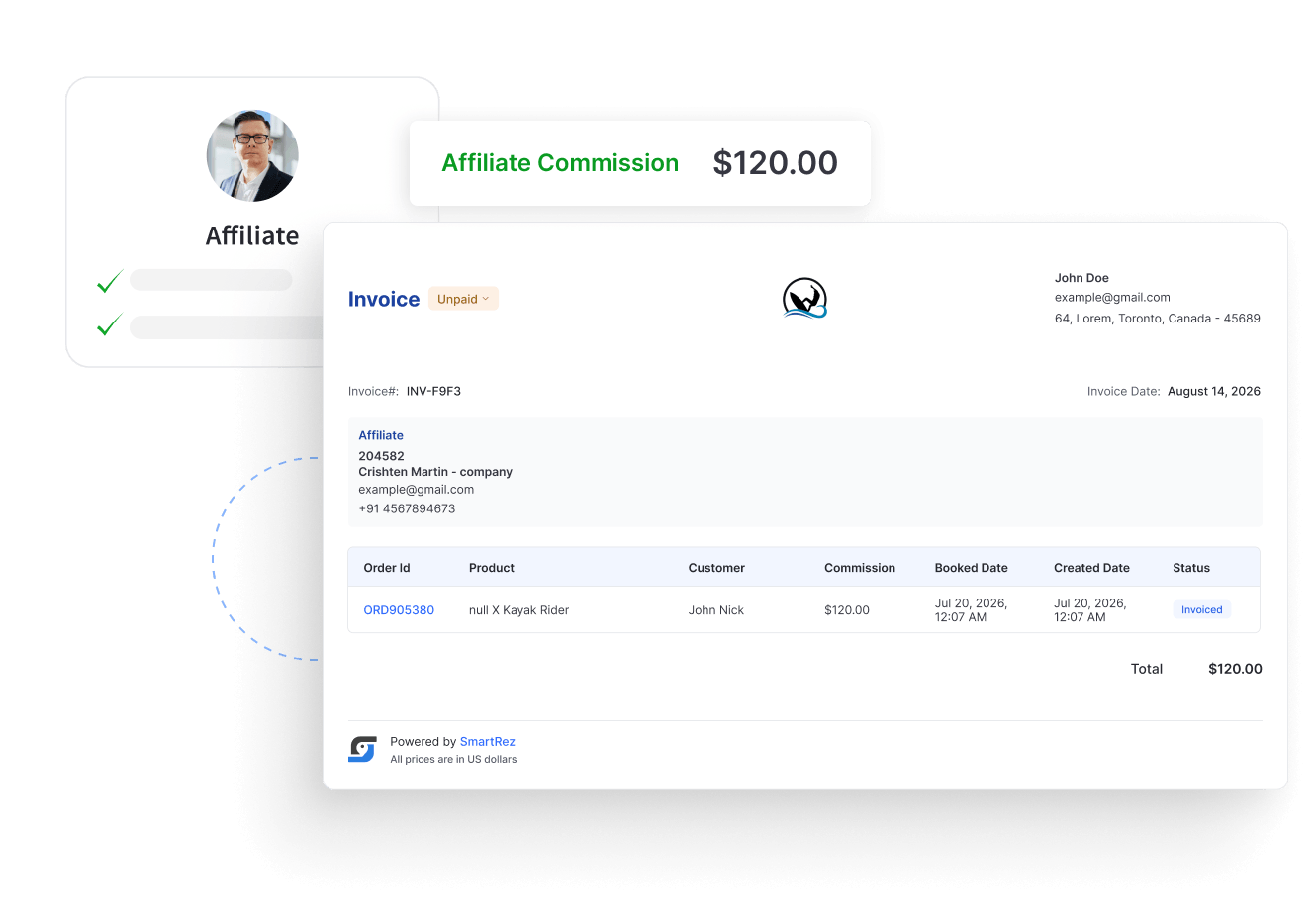 Affiliate commission invoice and partner dashboard