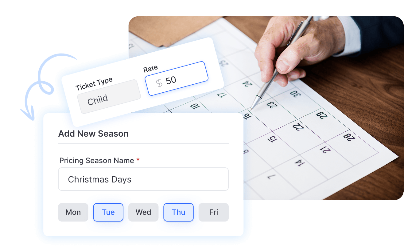 Seasonal pricing setup with ticket type and rate fields