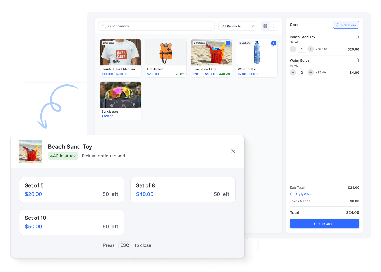 Point of sale product grid with cart and checkout