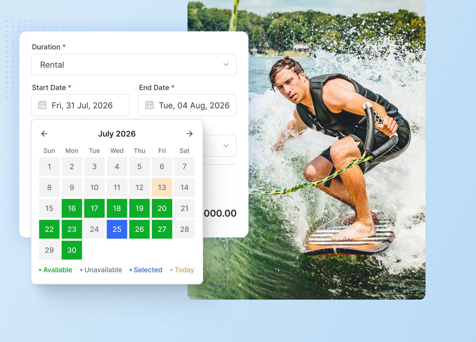 Watersports rental booking with date selection and availability calendar